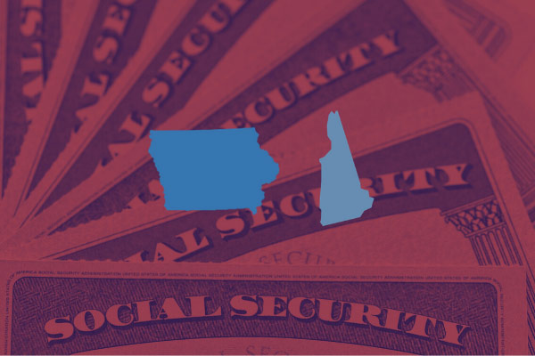red tinted social security cards with outlines of Iowa and New Hampshire