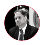 Black and white image of Andrew Biggs with a red border